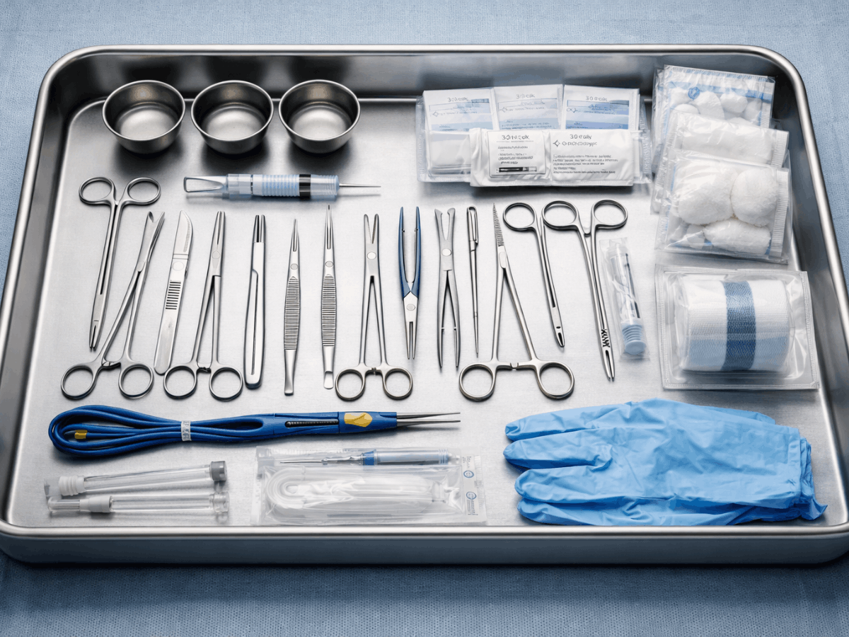 Sterile dental surgical tray with instruments, gauze, syringes, and gloves prepared for a dental procedure.