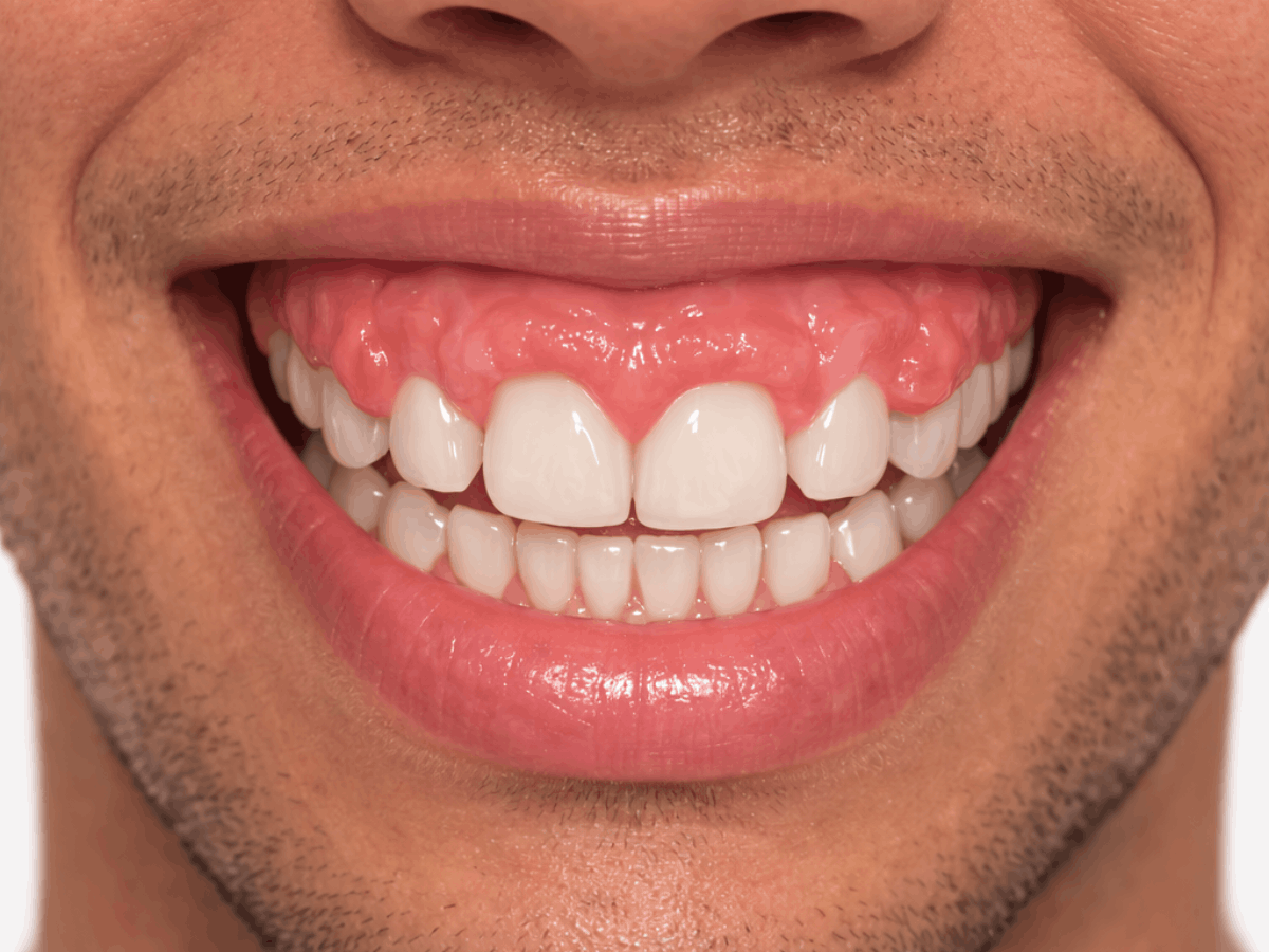 gum overgrowth covering part of the teeth, a condition known as gingival hyperplasia