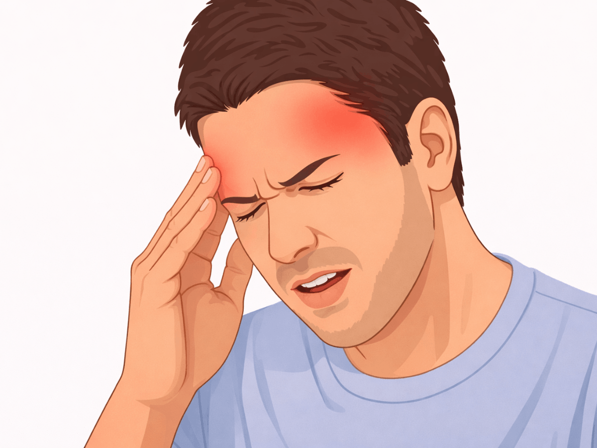 Person experiencing temple pain and tension headaches, commonly associated with TMJ disorder or jaw clenching.