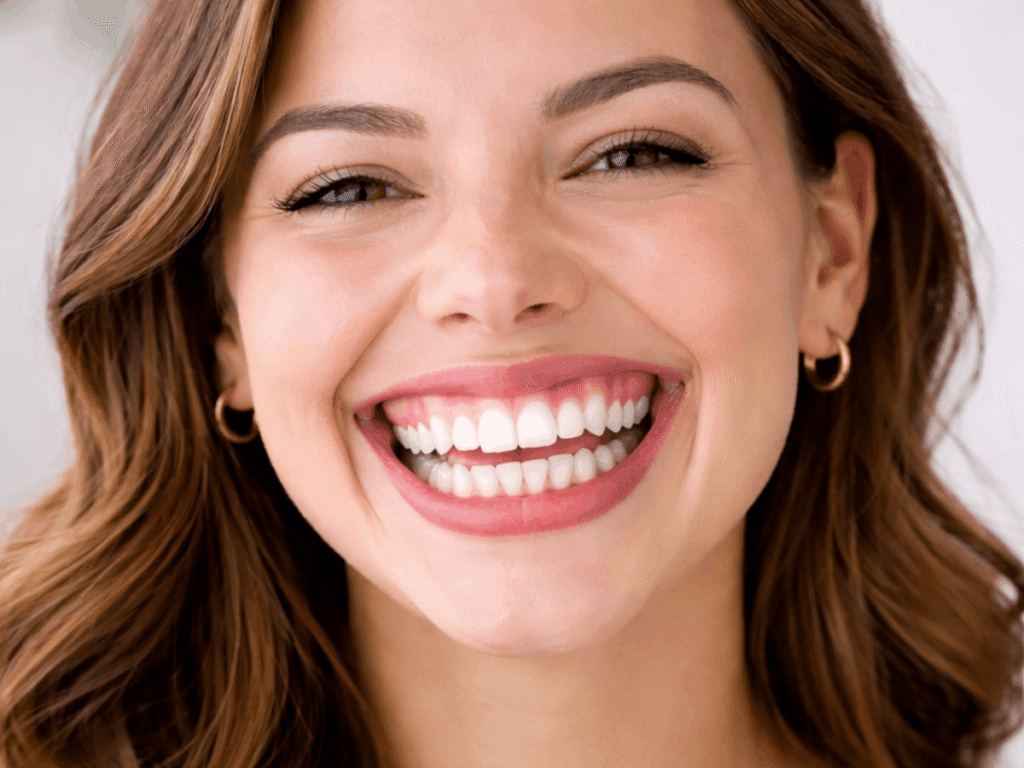 a woman smiling with straight white teeth showing results of cosmetic dental treatment.