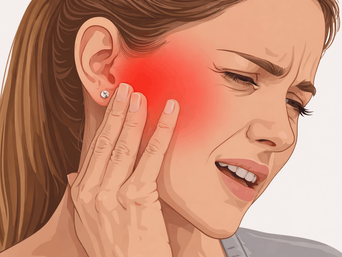 Facial pain near the jaw joint associated with TMJ disorder, including clicking, tension, and discomfort while opening or chewing.