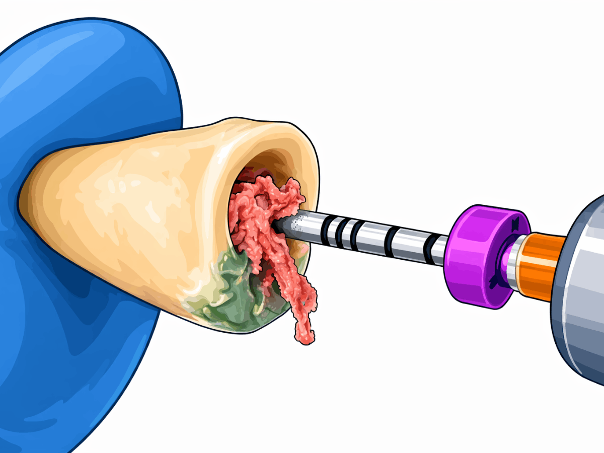 Dental illustration showing infected pulp being removed from inside a tooth during a root canal treatment.