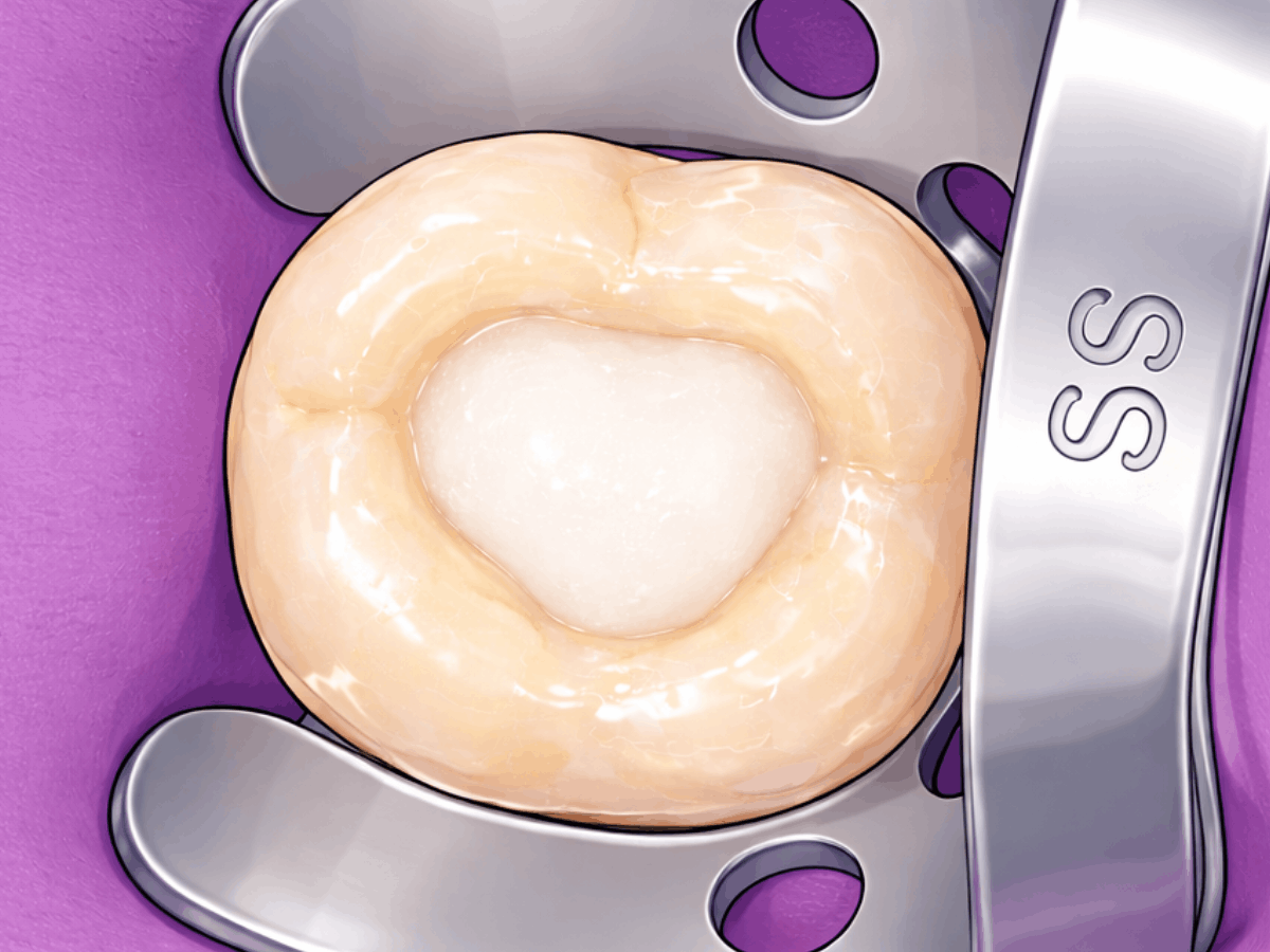Illustration of a tooth after root canal treatment sealed with a dental filling and isolated with a rubber dam.