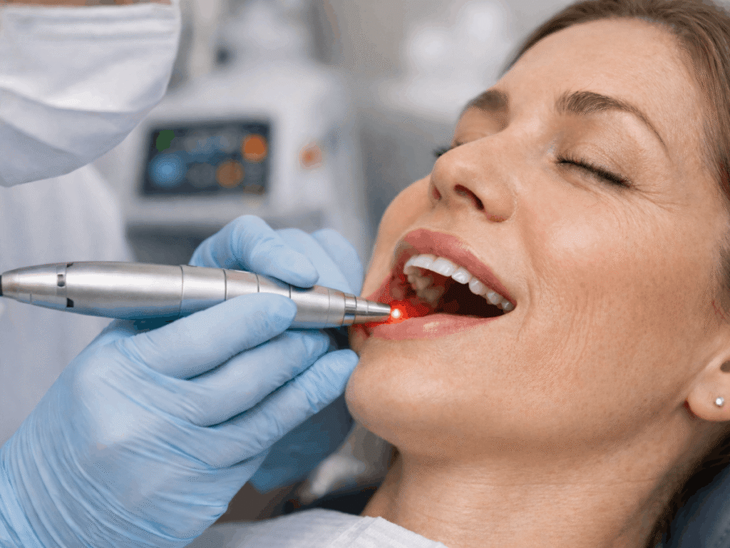 Patient receiving SmoothLase laser therapy from a dentist to tighten oral tissues and support collagen production.