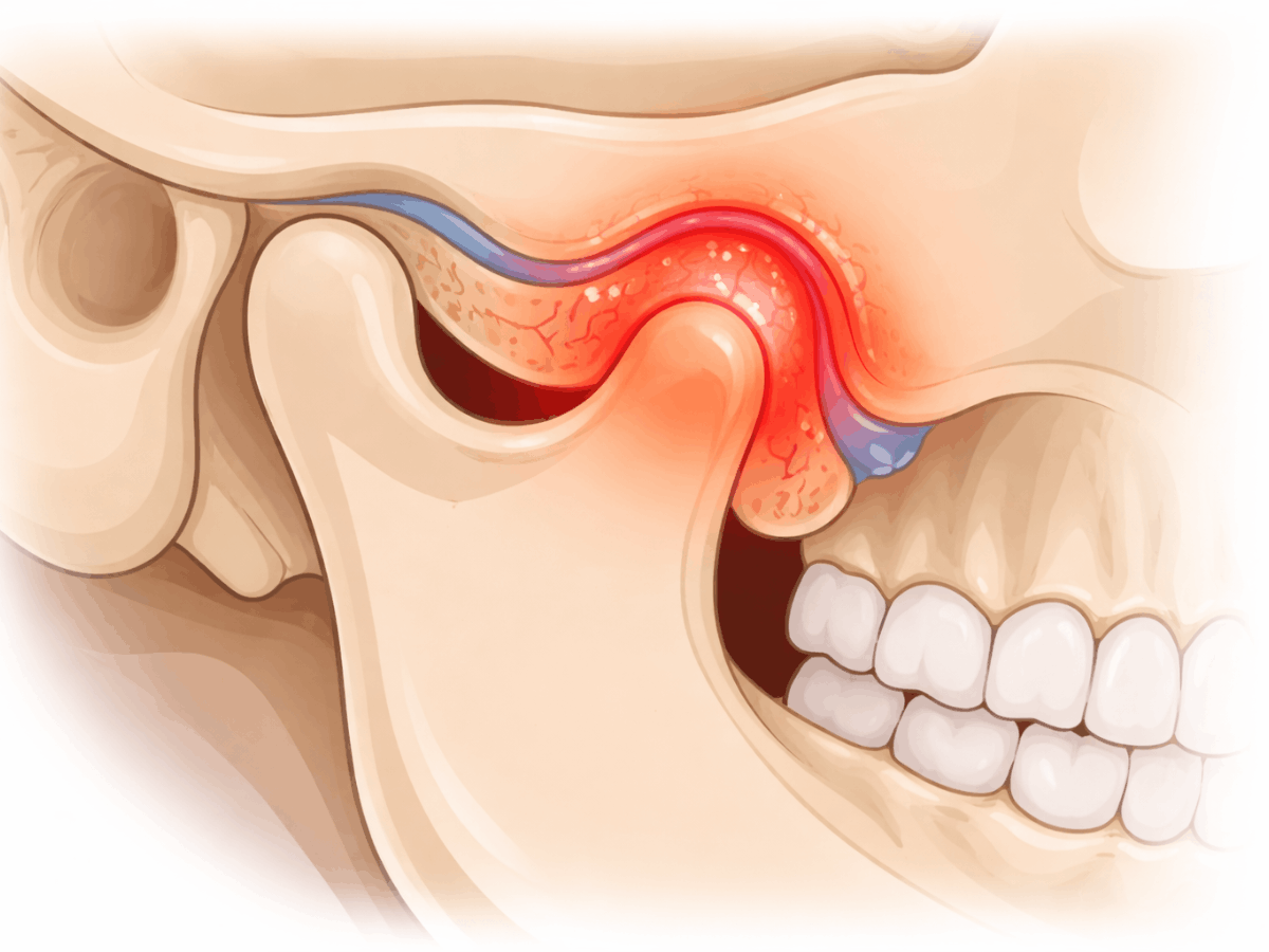 temporomandibular joint (TMJ) with inflammation and pain highlighted near the jaw joint.