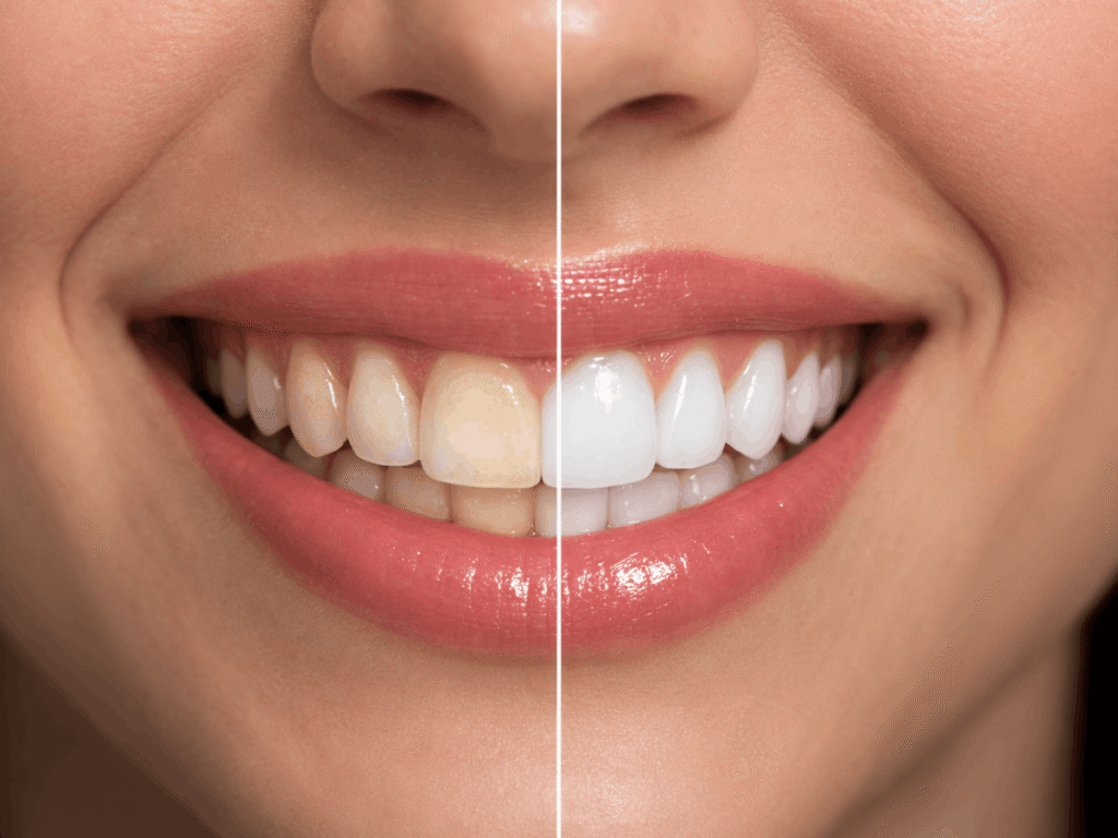 Before and after comparison of professional teeth whitening showing stained teeth transformed into a brighter white smile.