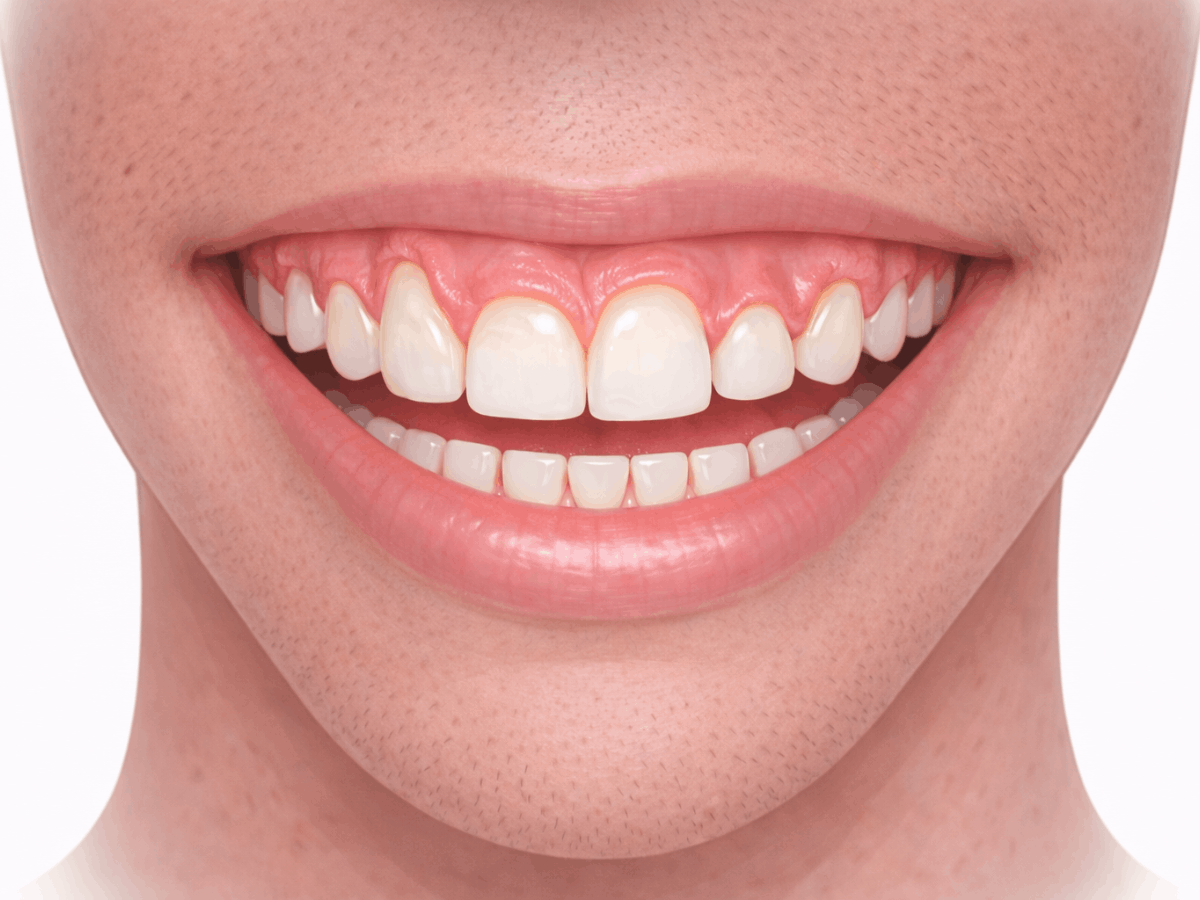 uneven gum tissue around the teeth that may be corrected with cosmetic gum contouring.