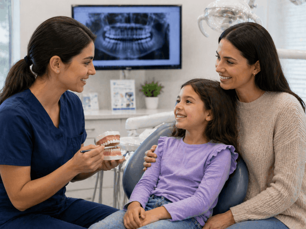 Pediatric dentist showing a child how to brush teeth using a dental model while the parent sits beside them in a dental clinic setting