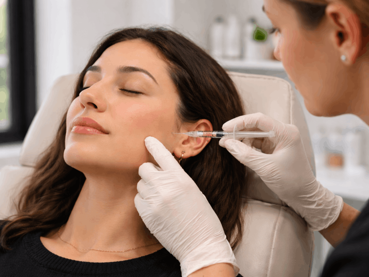 patient receiving Botox injection in jaw muscle for TMJ pain relief in a modern dental clinic