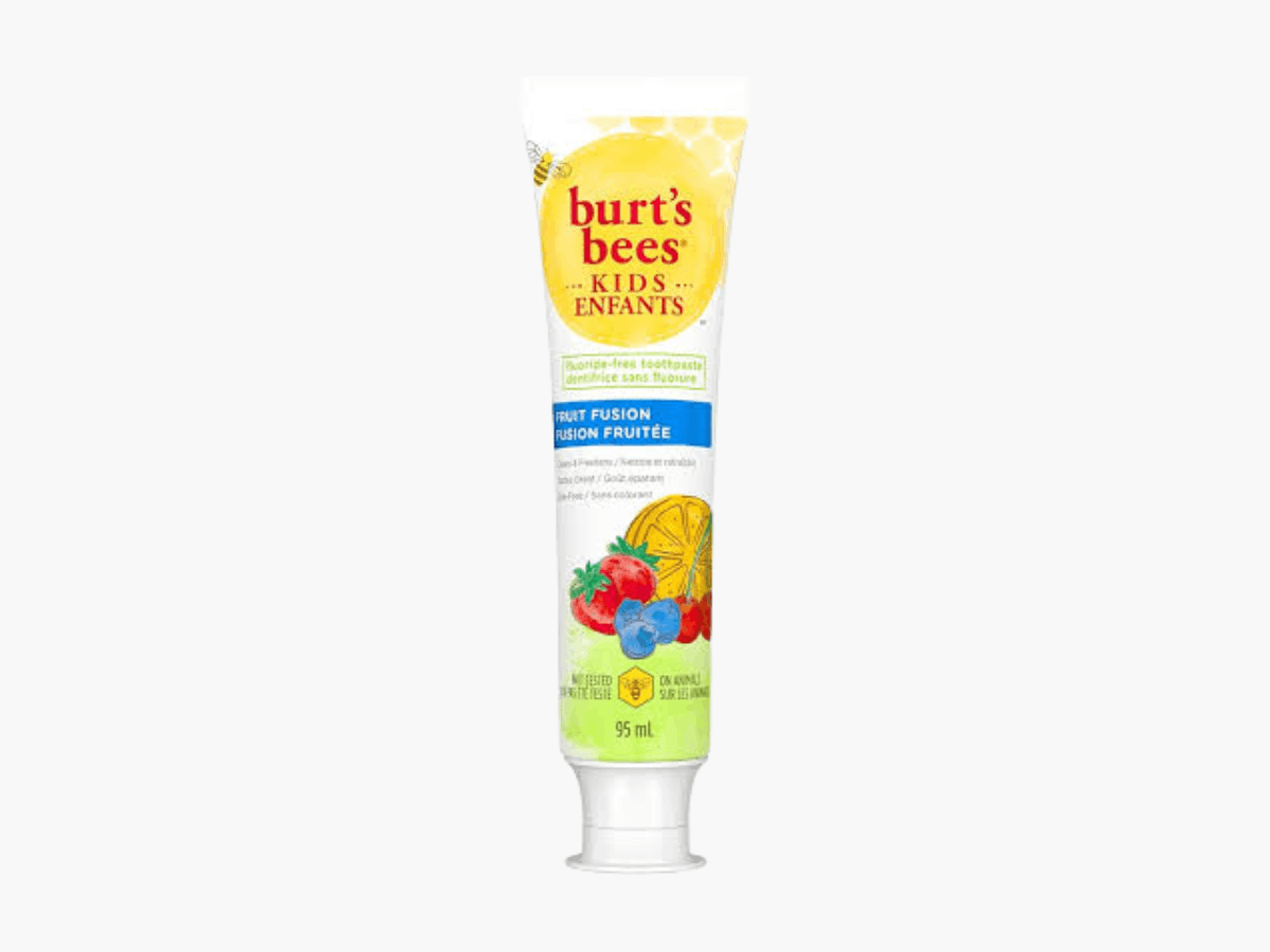 Burt’s Bees kids toothpaste fruit fusion flavor in colorful tube