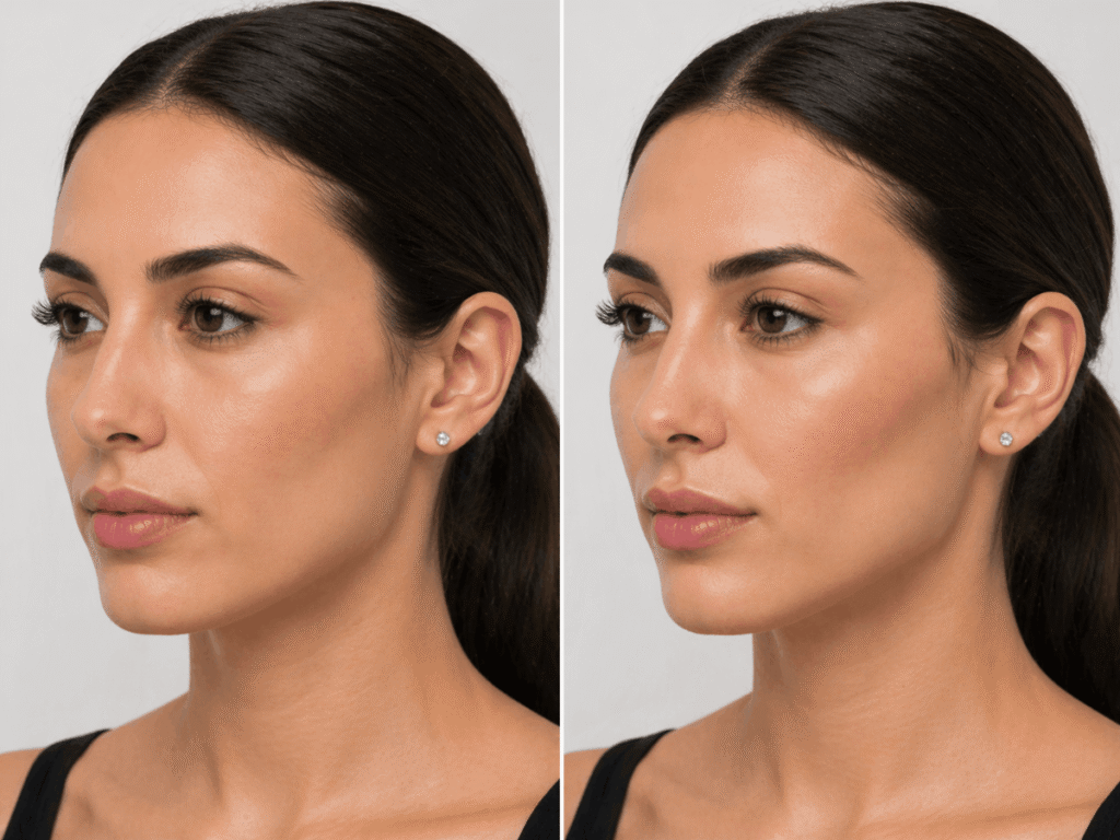 Side-by-side comparison of cheek filler before and after showing natural cheekbone enhancement and improved facial contour