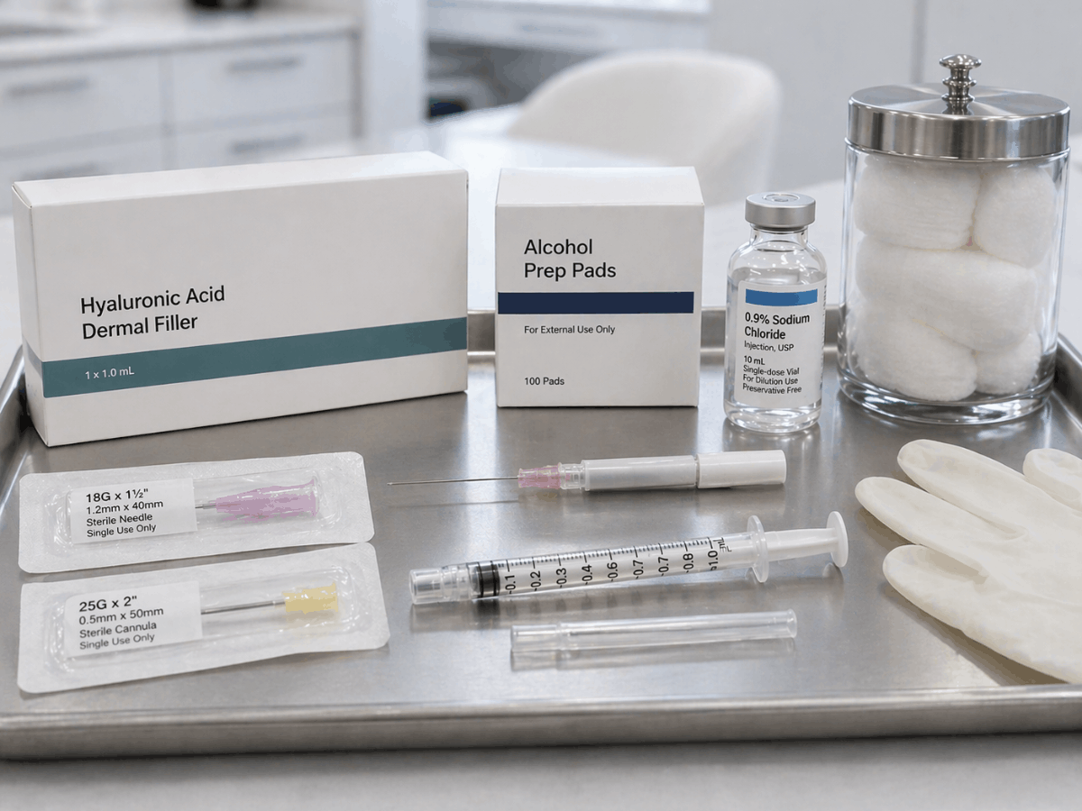Sterile cheek filler equipment including hyaluronic acid dermal filler, syringe, cannula, alcohol pads, and gloves on medical tray
