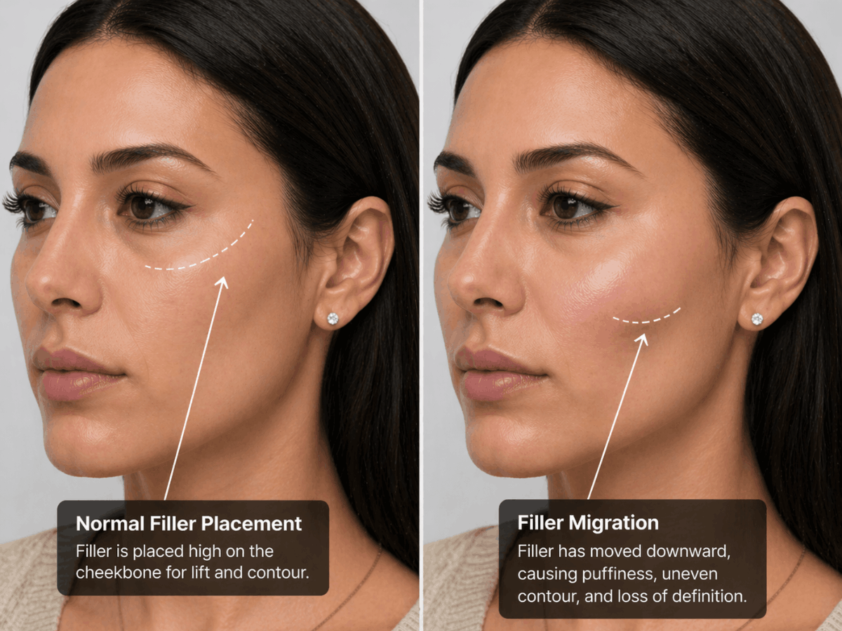 Side-by-side comparison of normal cheek filler placement versus filler migration showing downward movement and loss of contour