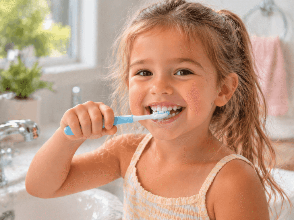 Smiling young child brushing teeth with a toothbrush in a bright bathroom, promoting healthy oral hygiene habits for kids
