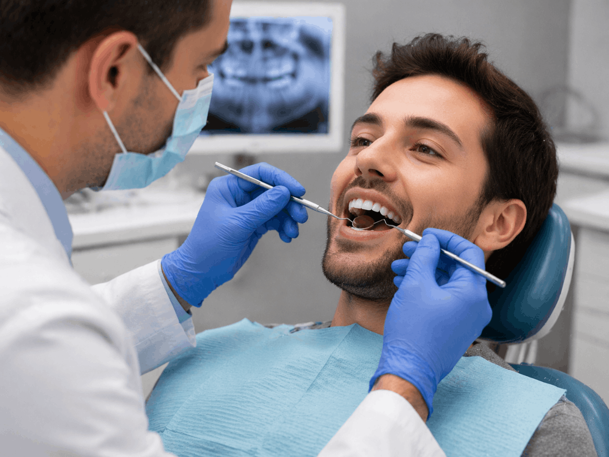 Dentist performing routine dental exam using mirror and probe to check patient’s teeth in clinic