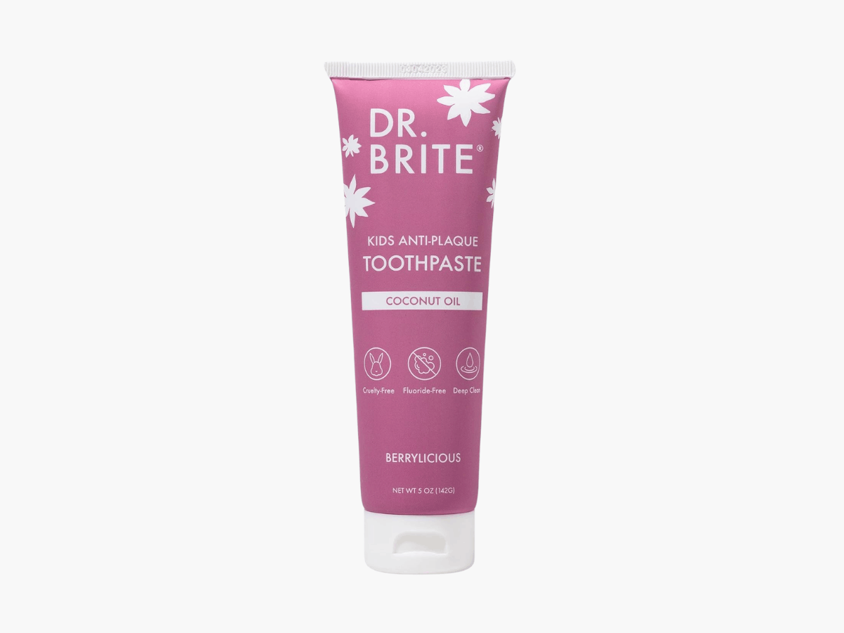 Dr. Brite kids anti-plaque toothpaste with coconut oil in pink tube