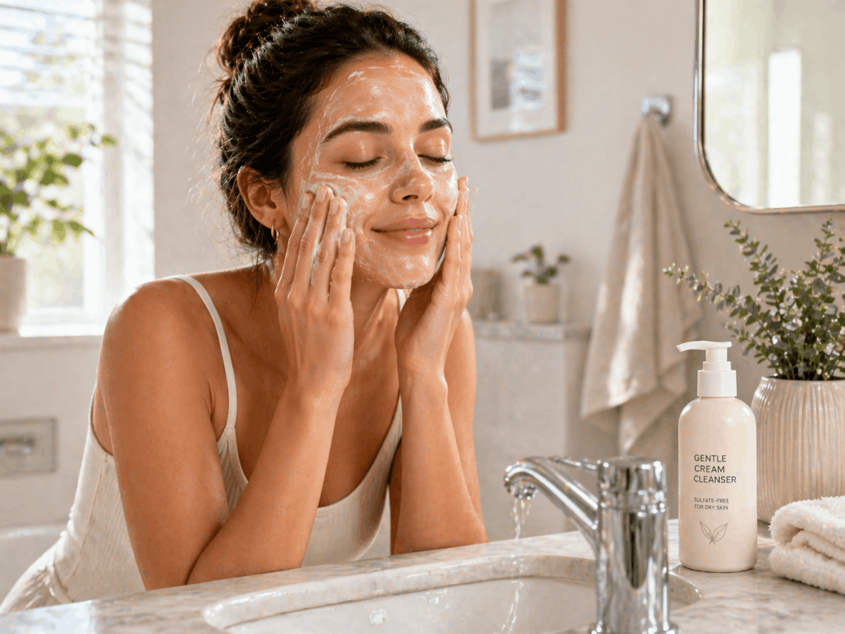 Woman using a gentle cream cleanser on her face at the sink as part of a morning skincare routine for dry skin