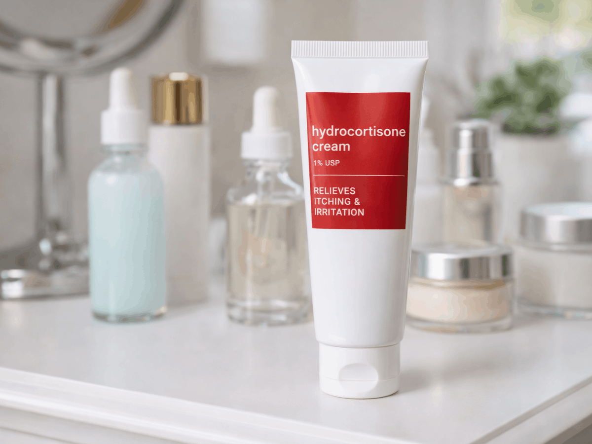 Hydrocortisone cream tube on a vanity table with skincare products for sunburn relief and skin irritation