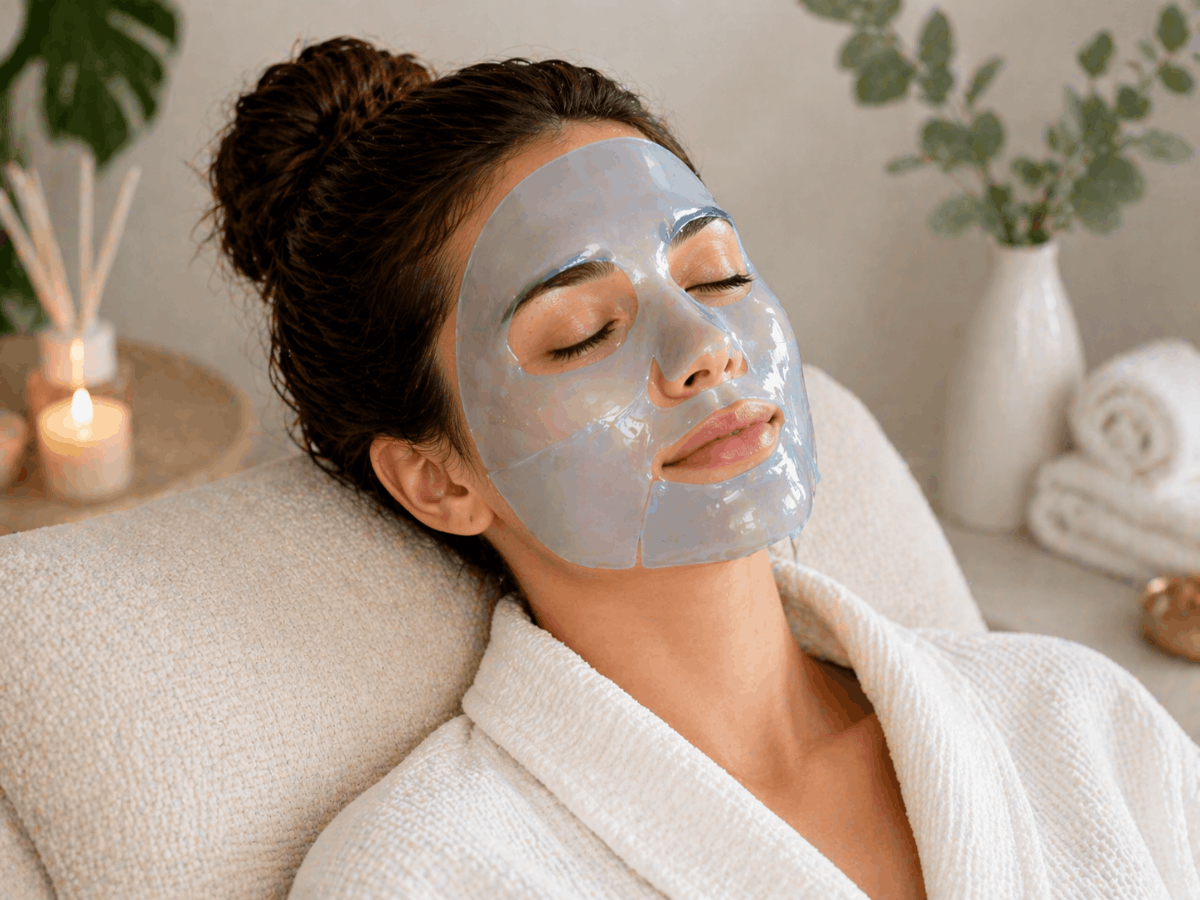 Woman relaxing with a hydrogel face mask to hydrate and soothe dry skin during skincare routine