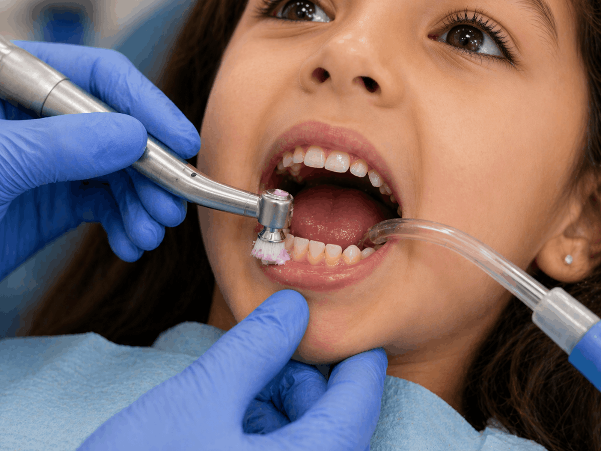 Pediatric dentist Washington PA performing gentle dental cleaning and polishing on a child’s teeth with suction tool