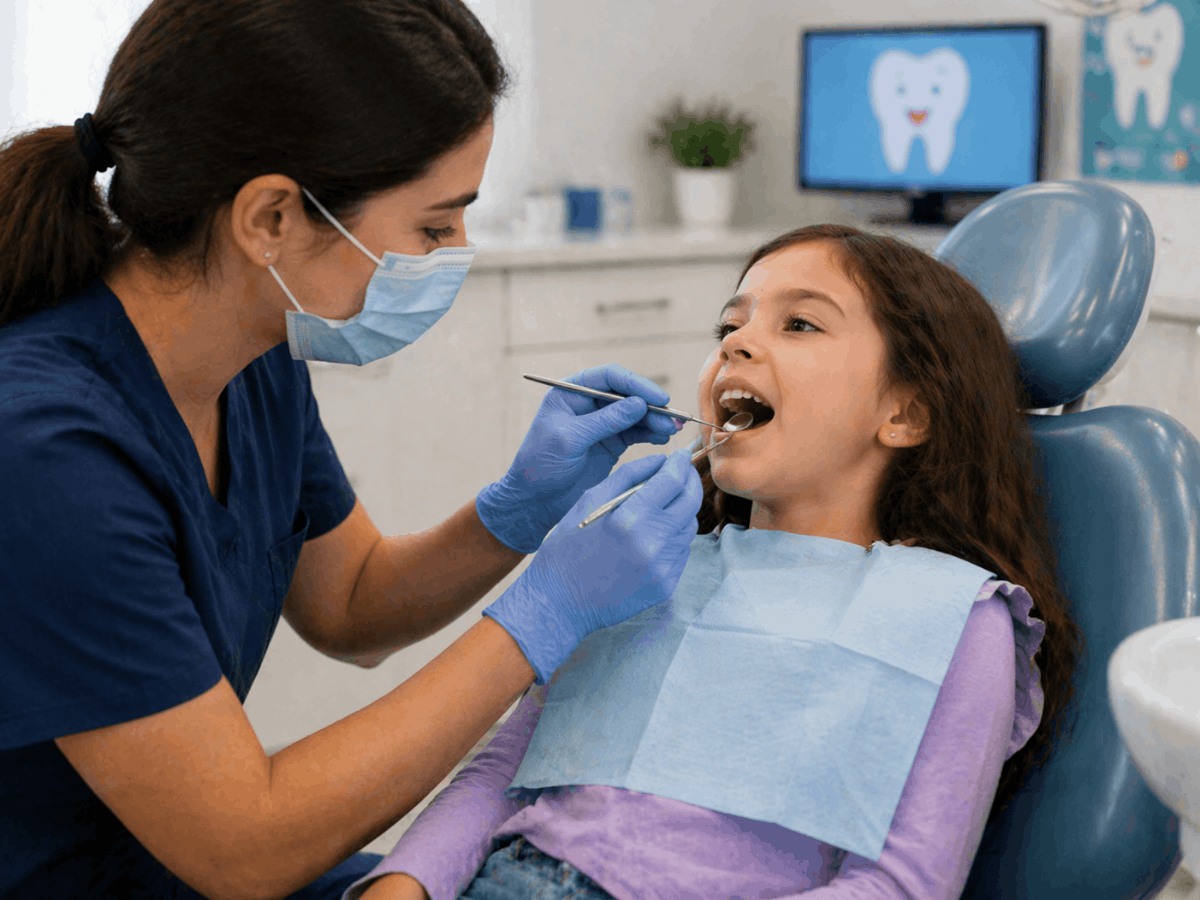 Pediatric dentist Washington PA examining a child’s teeth and gums using dental mirror during checkup