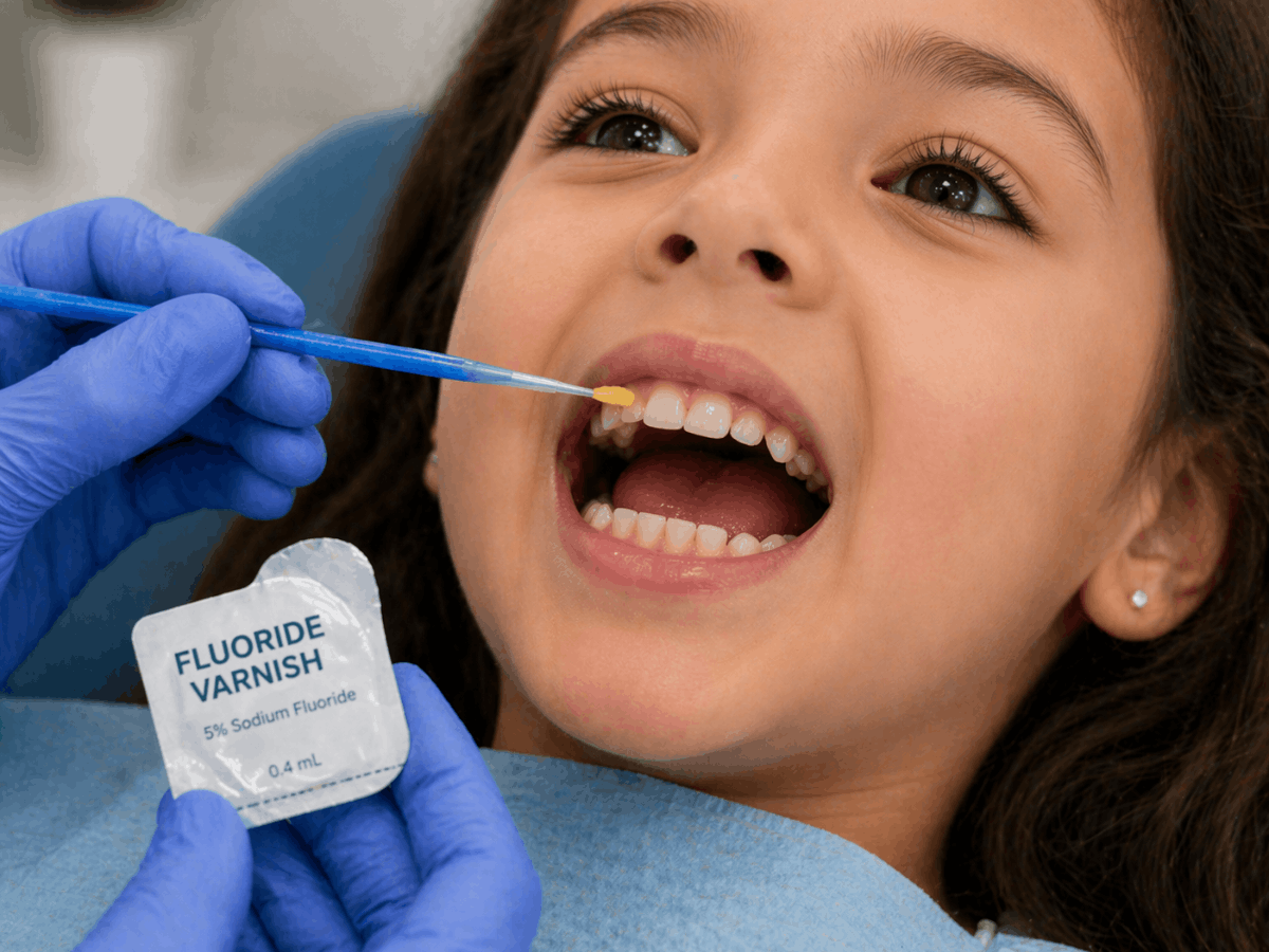 Pediatric dentist Washington PA applying fluoride varnish to a child’s teeth during preventive dental visit