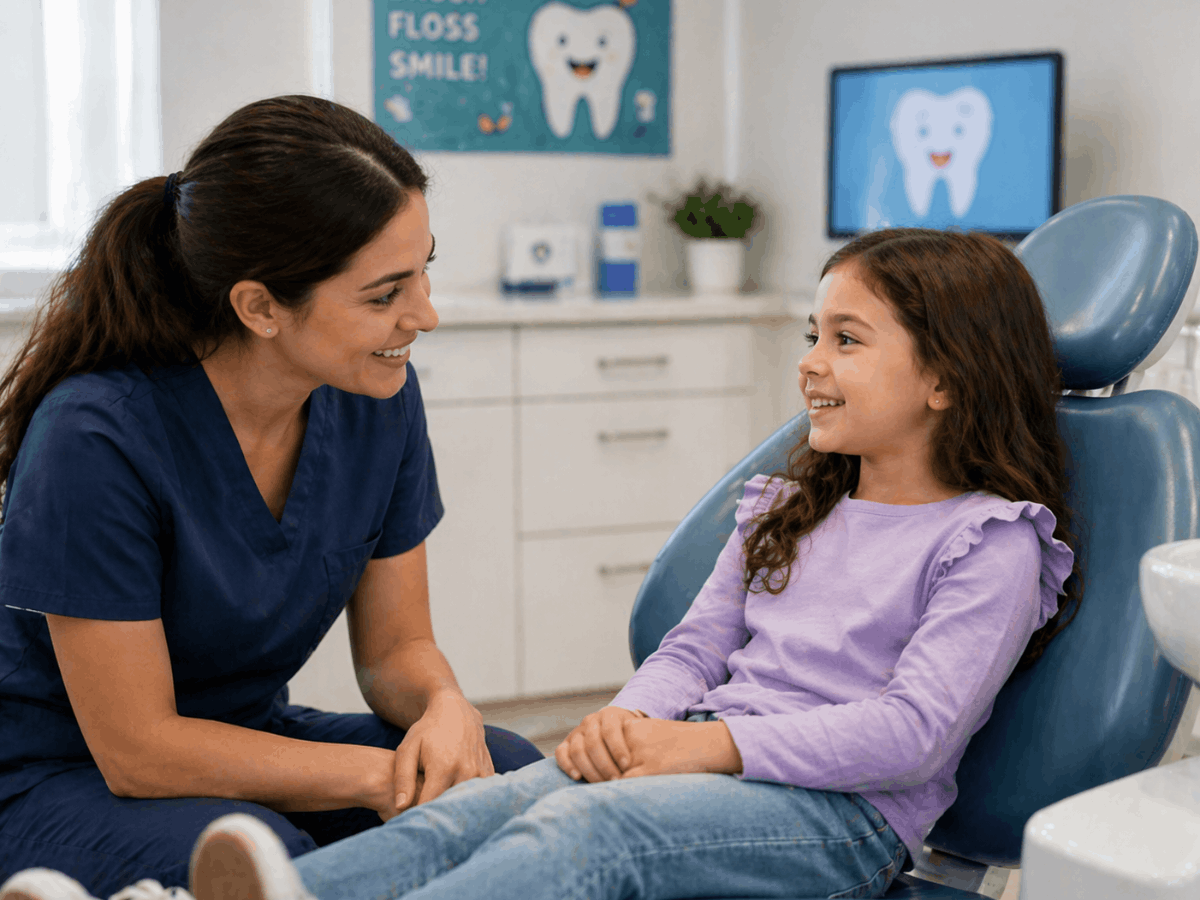 Pediatric dentist Washington PA talking with a child at eye level to build comfort before dental exam