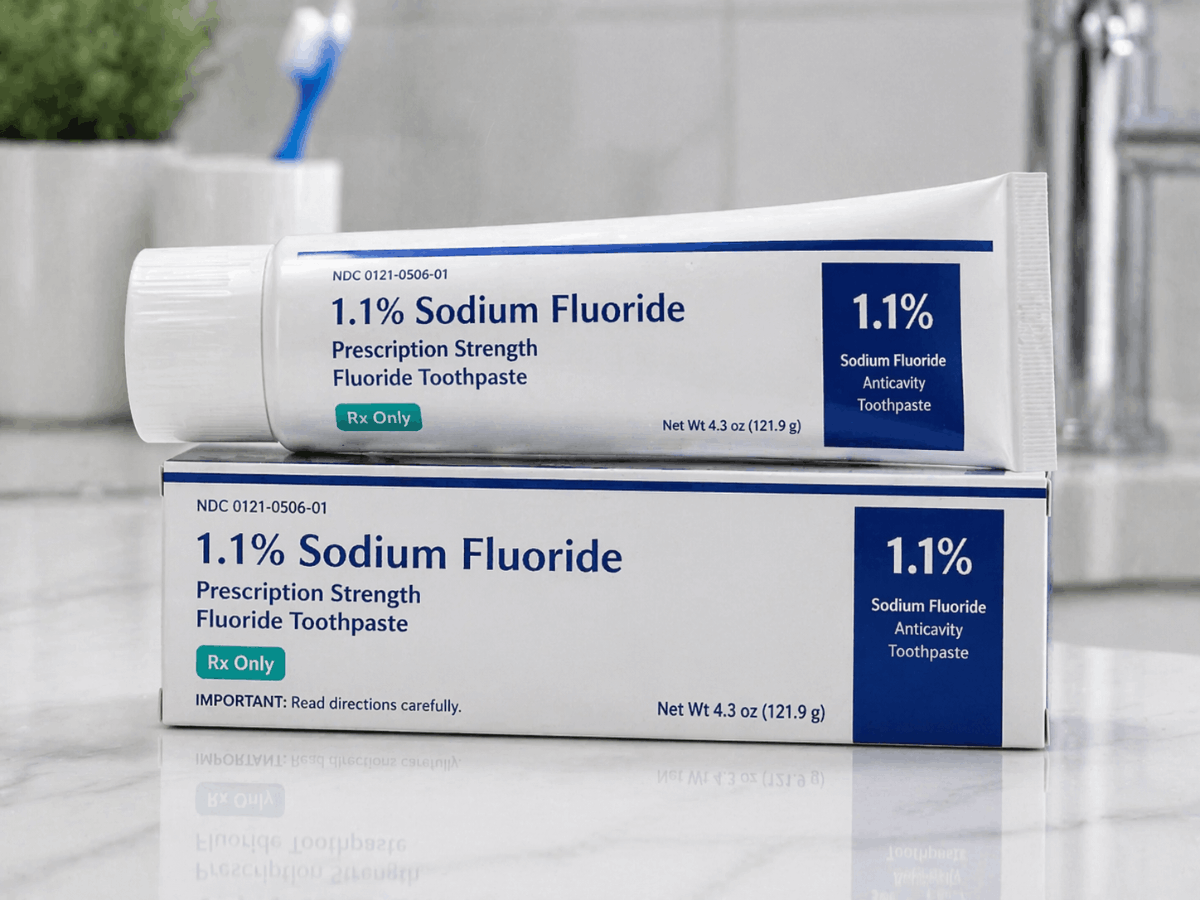 Prescription-strength fluoride toothpaste with 1.1 percent sodium fluoride for cavity prevention on bathroom countertop