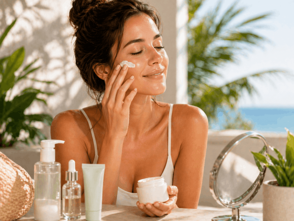 Woman applying moisturizer to her face during a summer skincare routine for dry skin in a bright, tropical setting