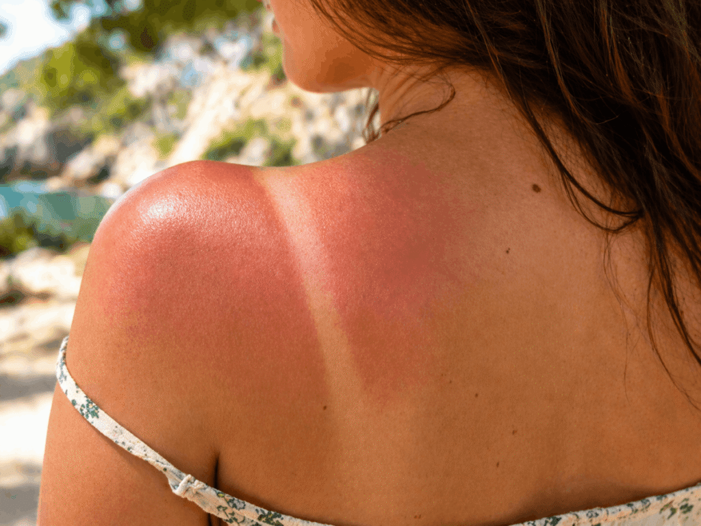 Close-up of sunburned shoulder with visible red skin and tan line outdoors during summer