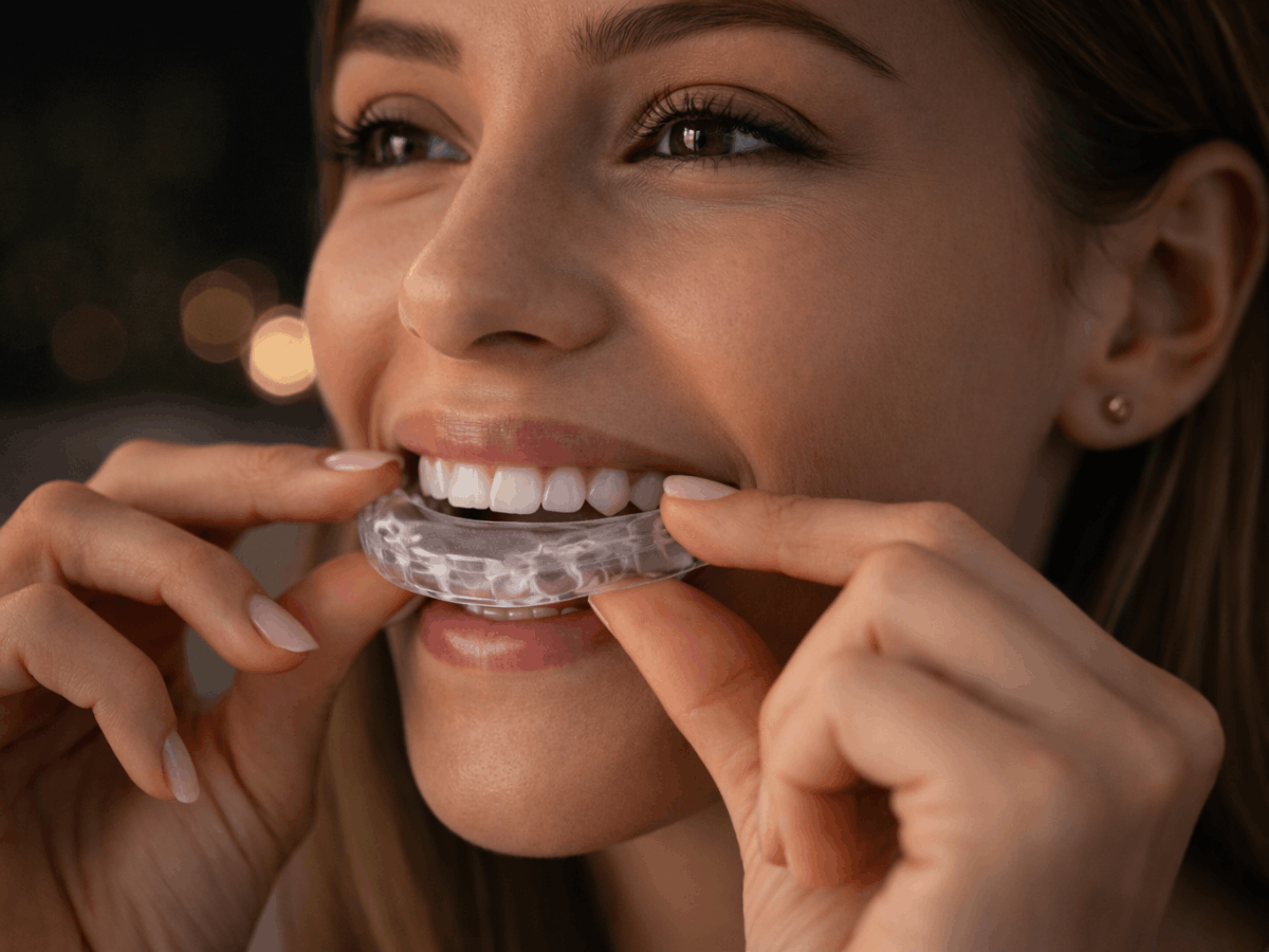 Person placing a clear dental night guard over teeth, demonstrating TMJ and teeth grinding protection at home