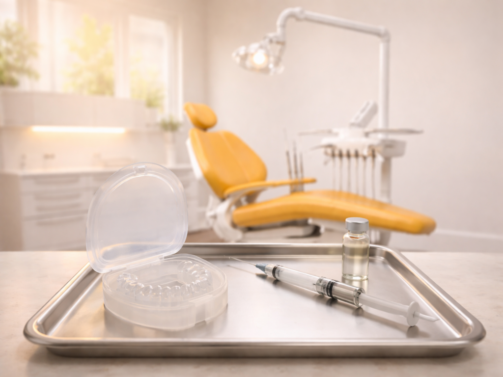 Dental tray with clear night guard, syringe, and vial in a bright modern clinic setting representing TMJ treatment options