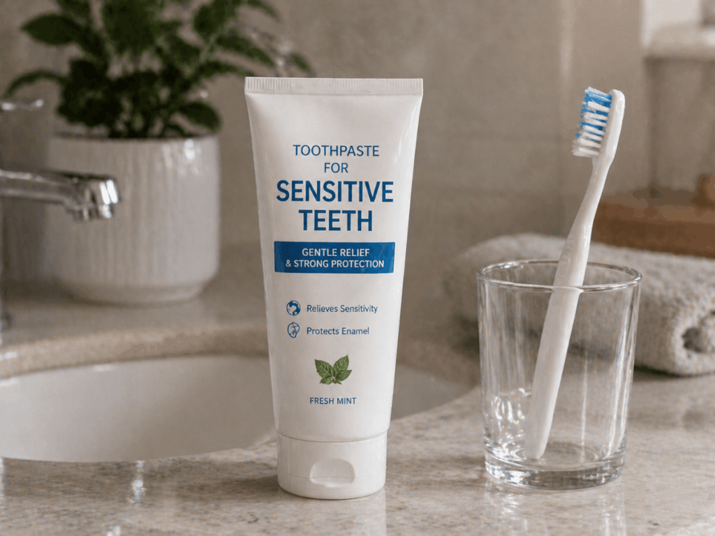 Toothpaste for sensitive teeth on a bathroom counter with a toothbrush in a glass, designed for enamel protection and sensitivity relief
