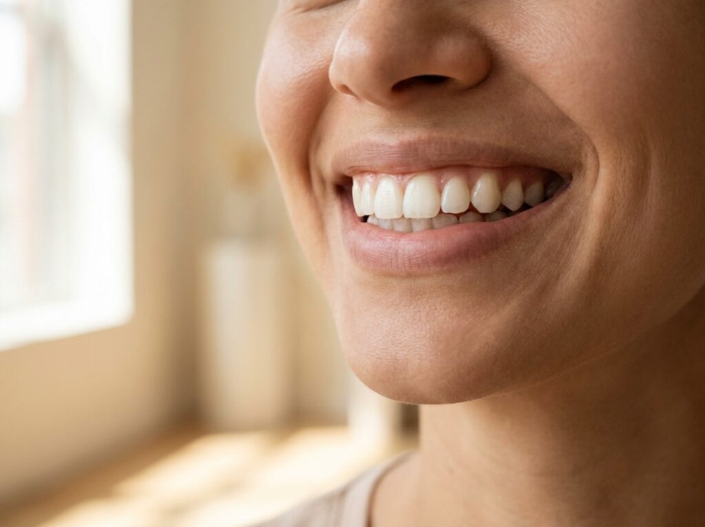 A woman with a bright smile, showing her teeth, exuding happiness and warmth.