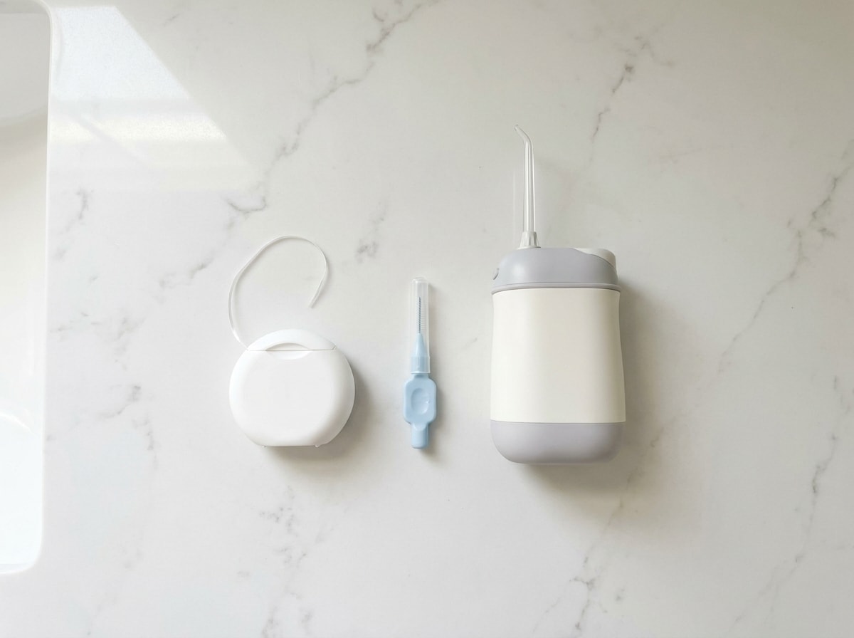 A bathroom sink featuring a toothbrush, toothpaste, and a toothbrush holder neatly arranged.