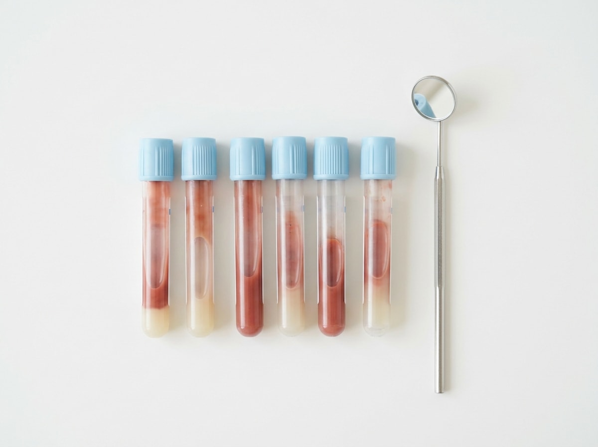 A set of test tubes filled with red liquid, arranged neatly on a laboratory bench. 