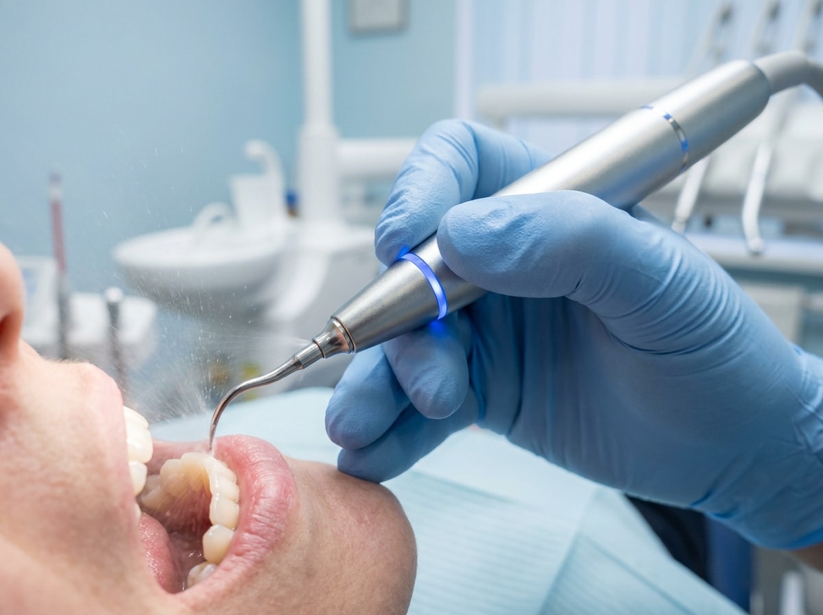A dental hygienist cleans a patient's teeth using a dental tool in a bright, modern dental office. 