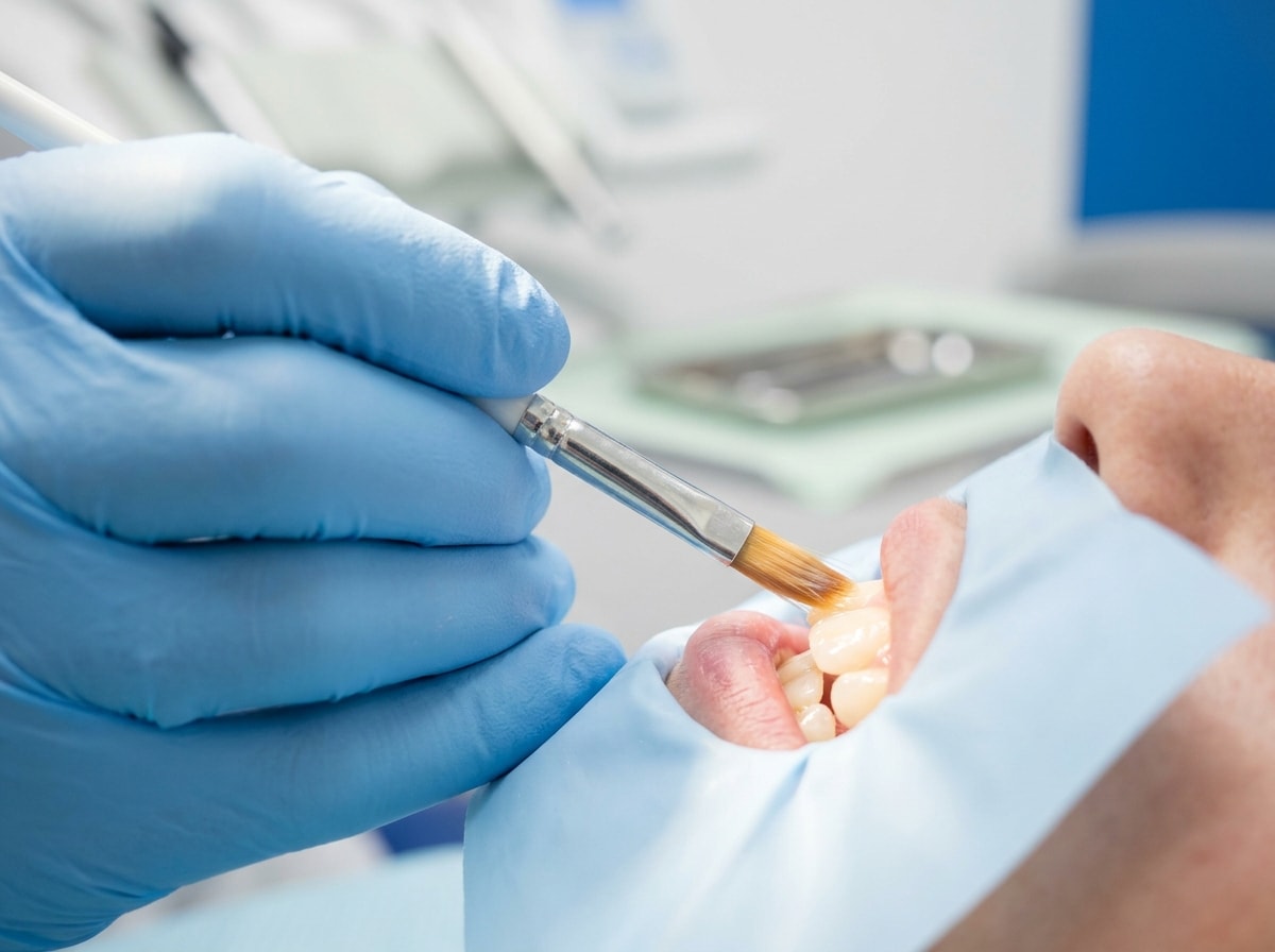 A dentist cleans a patient's teeth, showcasing dental tools and a bright clinical environment.