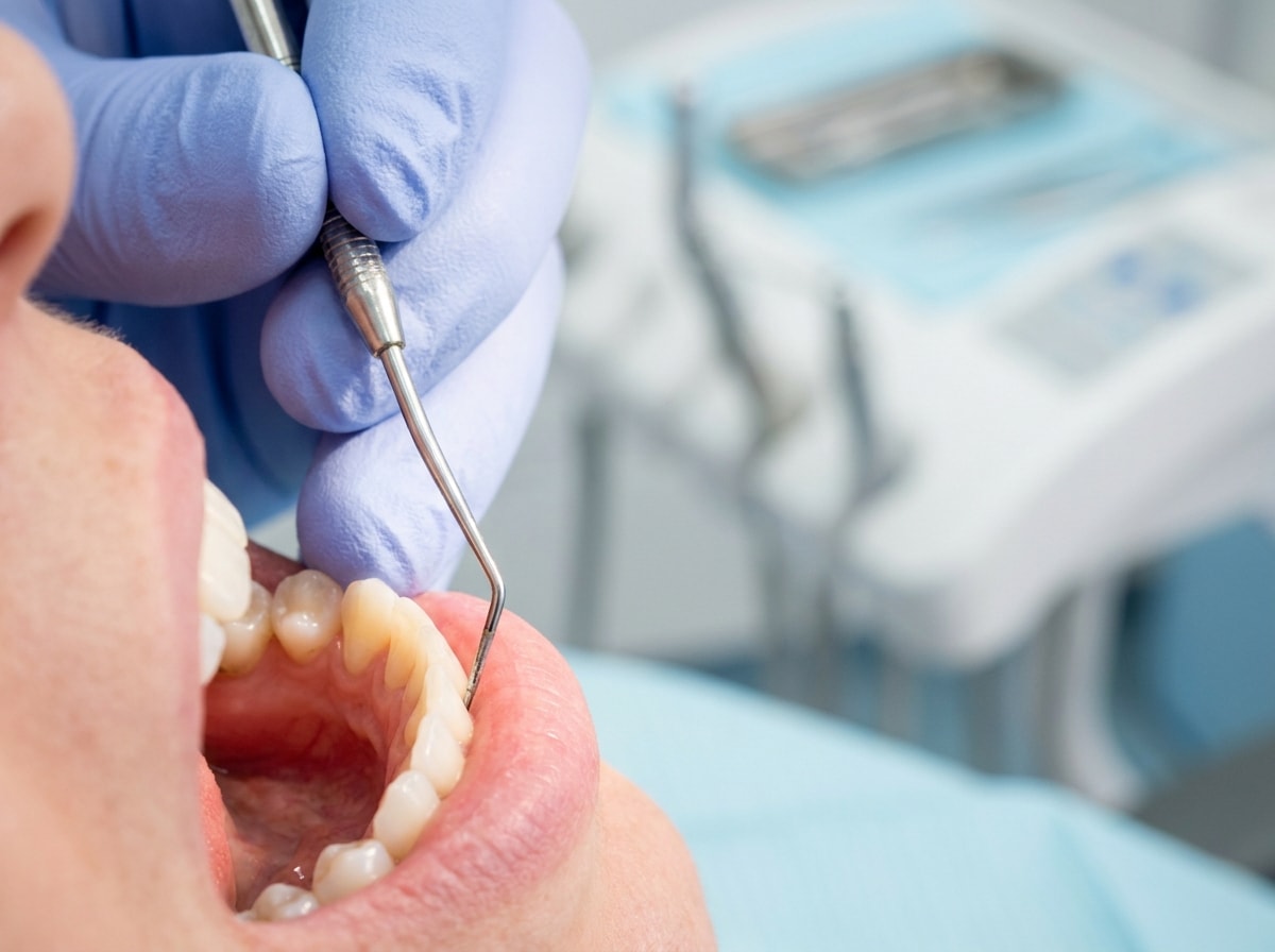 A dentist cleans a patient's teeth in a dental office, showcasing dental tools and equipment in the background. 