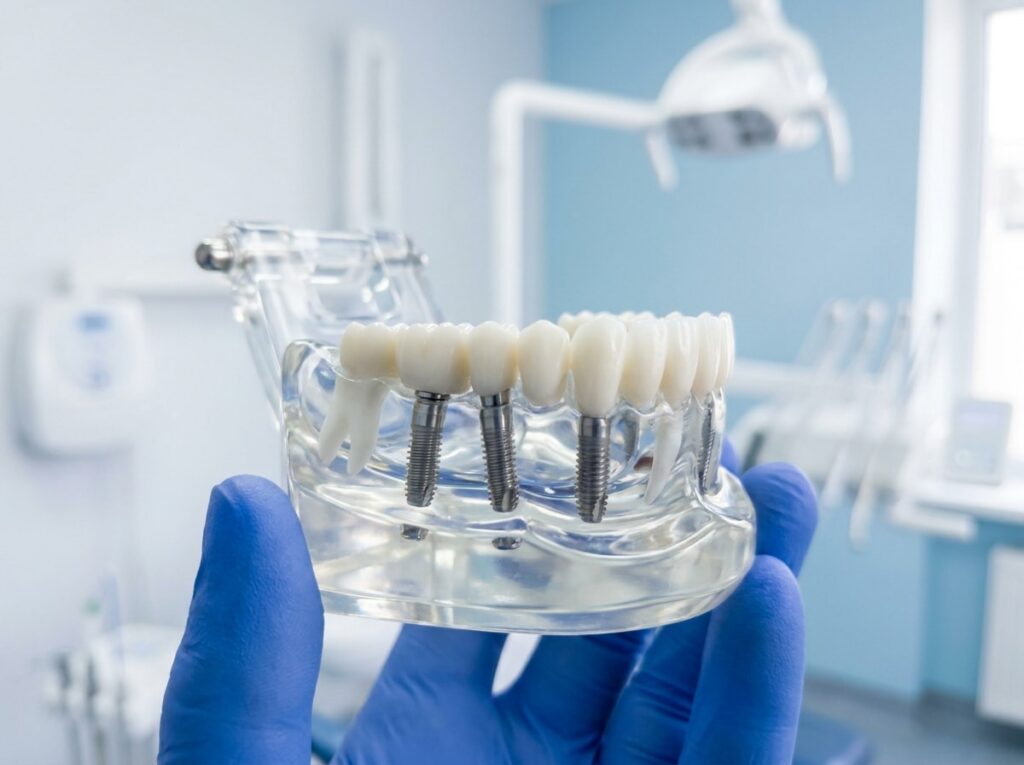 A dental professional holds a dental implant in a clinical setting, showcasing the implant's design and purpose.