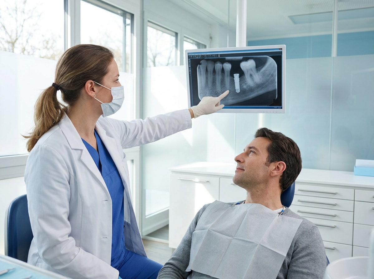 A man and woman examine a dental x-ray together in a modern dental office setting. 