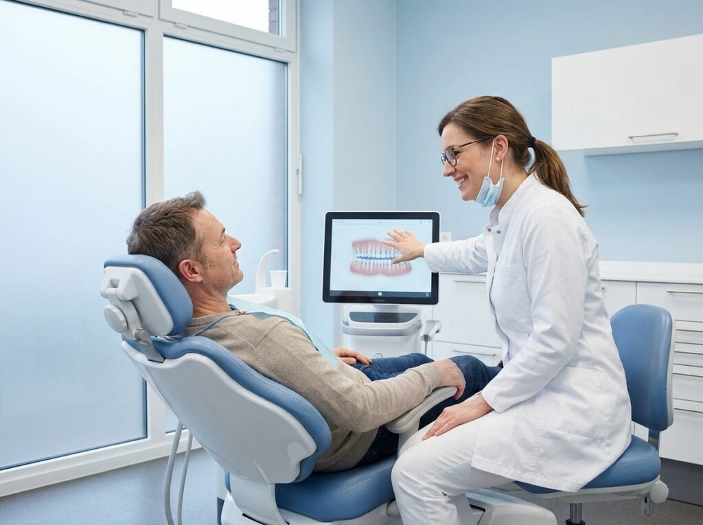 A man seated in a dental chair, while a woman stands beside him, likely discussing his dental treatment.