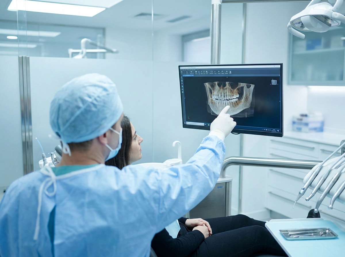 A dentist examines a patient's teeth in a dental office, with dental tools and equipment visible in the background.