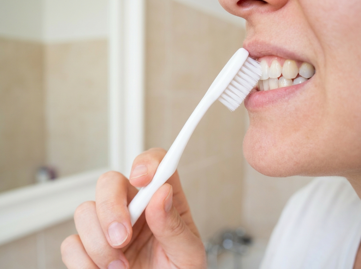 A woman stands at a bathroom sink, brushing her teeth with a toothbrush, focused on her oral hygiene routine. 