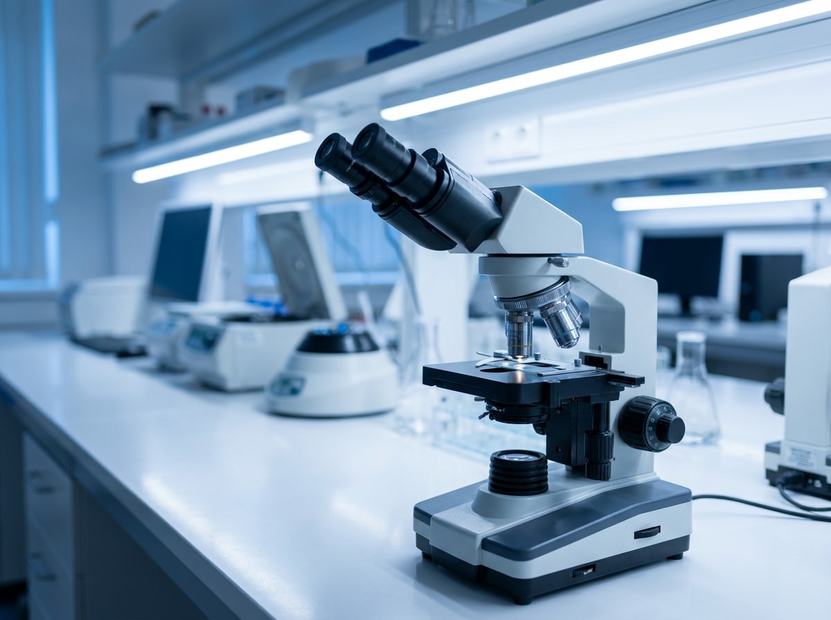 A microscope positioned on a laboratory desk, surrounded by various scientific tools and equipment. 