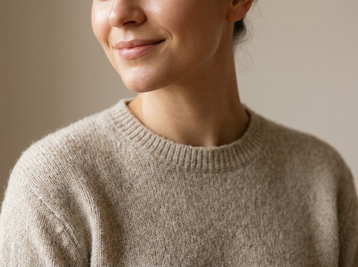 A woman wearing a cozy sweater smiles warmly at the camera, exuding a friendly and inviting demeanor.  