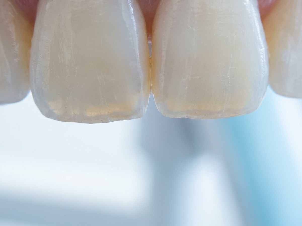 Close-up of a person's teeth being brushed with a white toothbrush, highlighting dental hygiene.