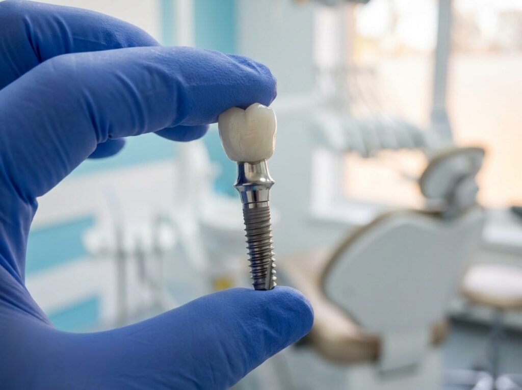 A person holding a dental implant in their hand, showcasing its size and design for demonstration purposes.