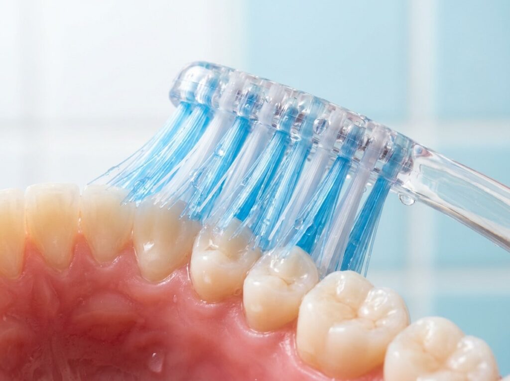 A close-up of a toothbrush featuring blue toothpaste on its bristles, indicating preparation for brushing.