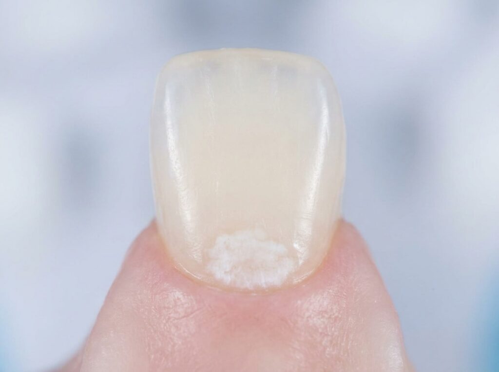 A close-up of a person's hand showing a white nail with a distinct white spot on its surface.